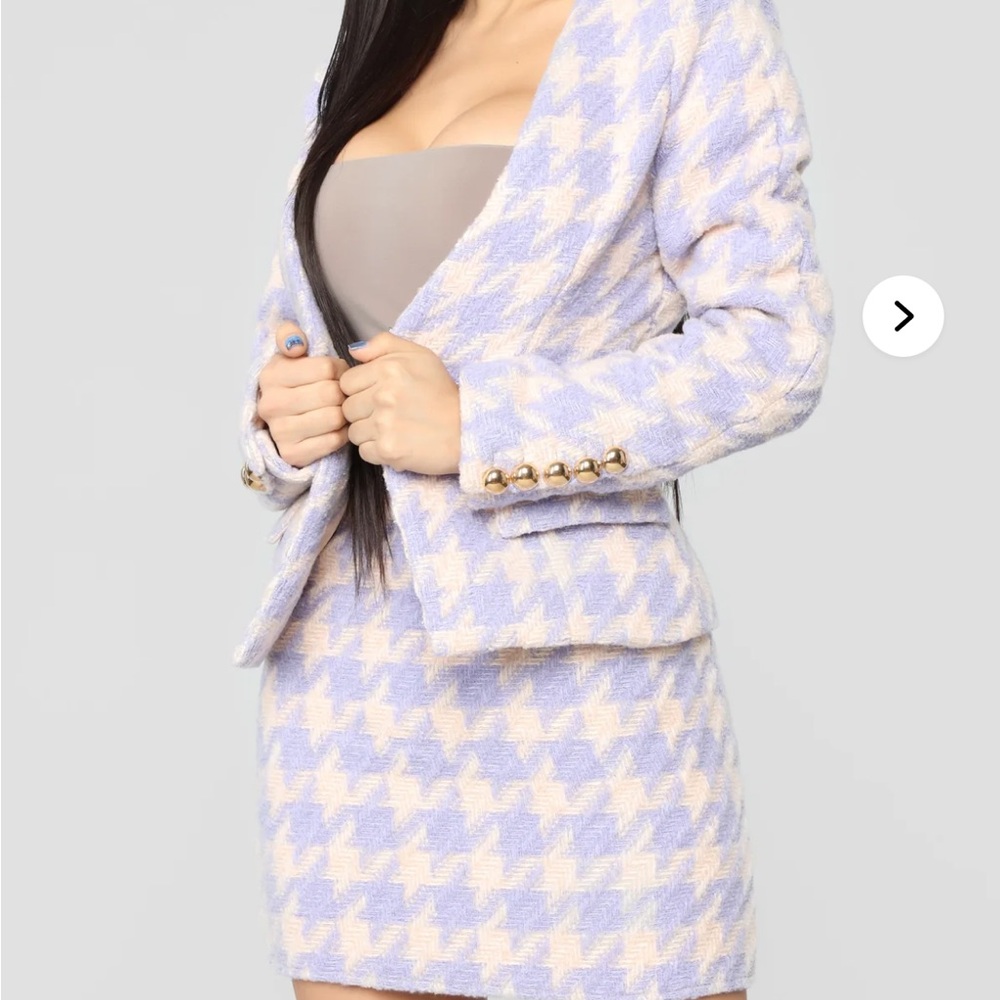 Lilac & Cream Fashionnova Houndstooth Tweed Blazer + Skirt Set